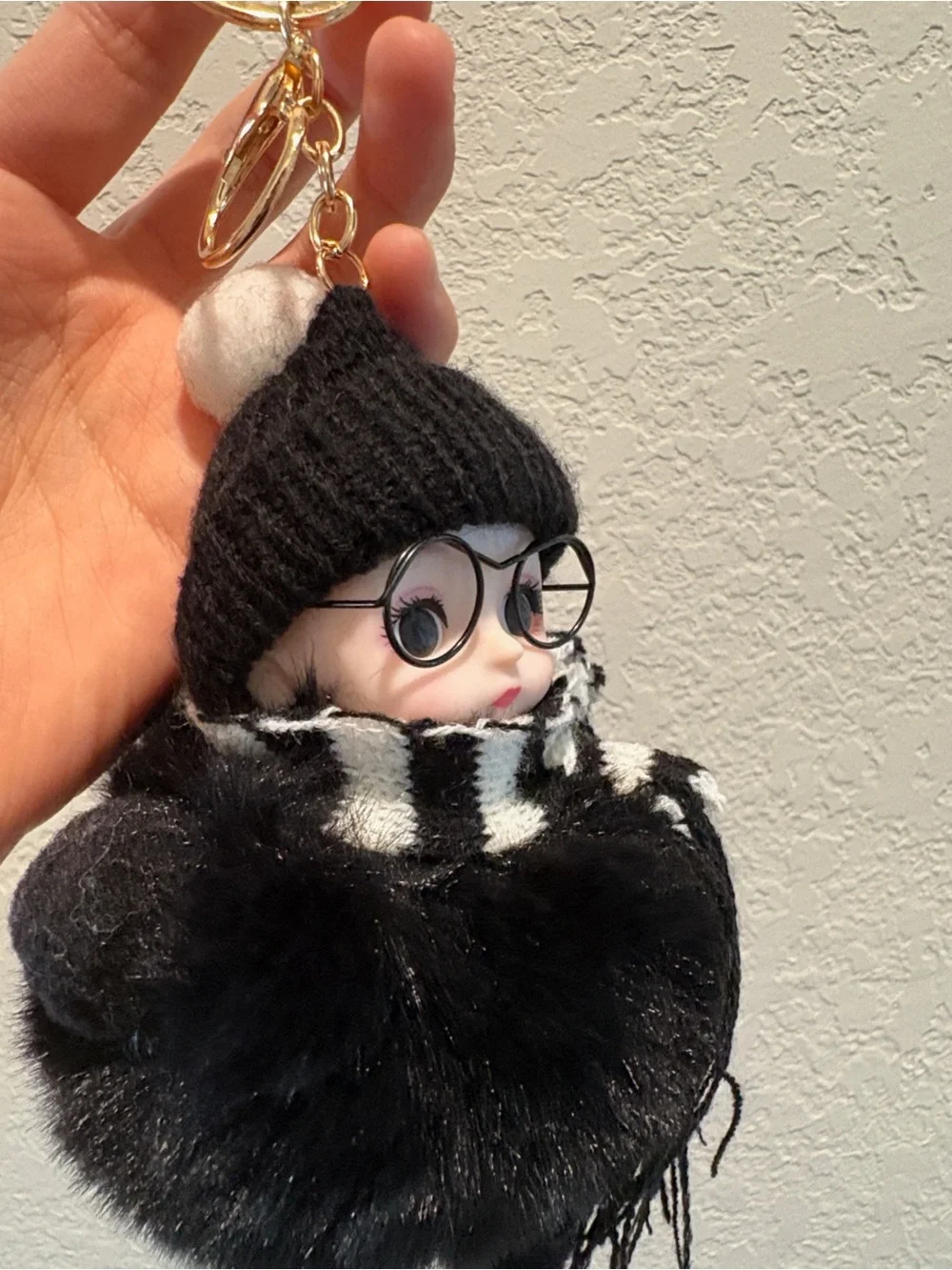 Plush Pom-Pom Doll Bag Charm Keychain with Black Knit Hat and Scarf